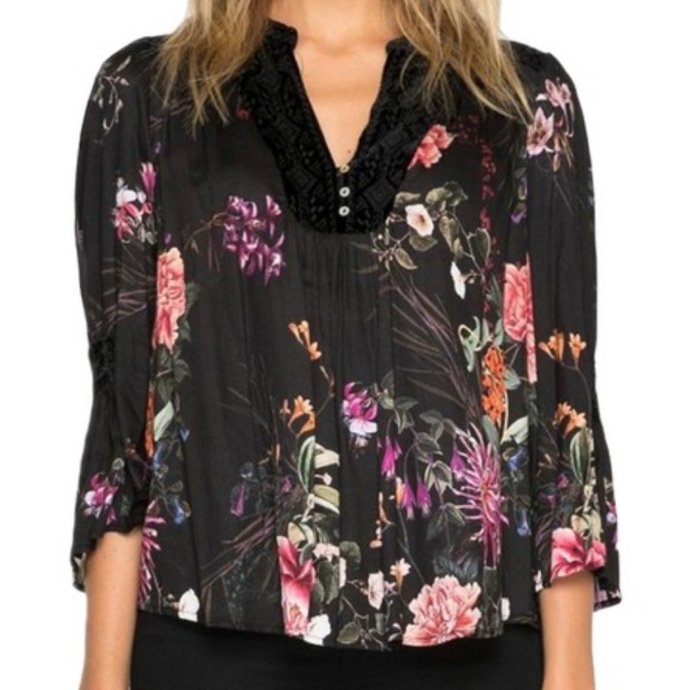 Johnny Was Floral Velvet Mix Blouse, Black, XS